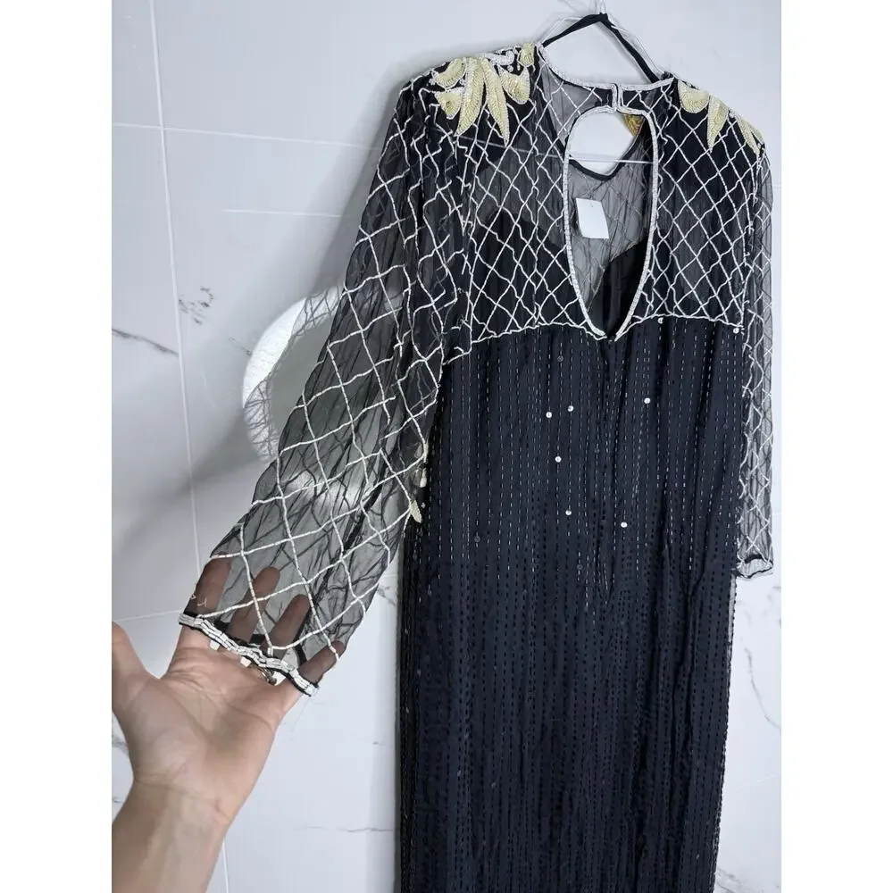 Beaded Silk Laurence Kazar Evening Gown Large VTG Dress Black White Regal Art - Picture 8 of 16